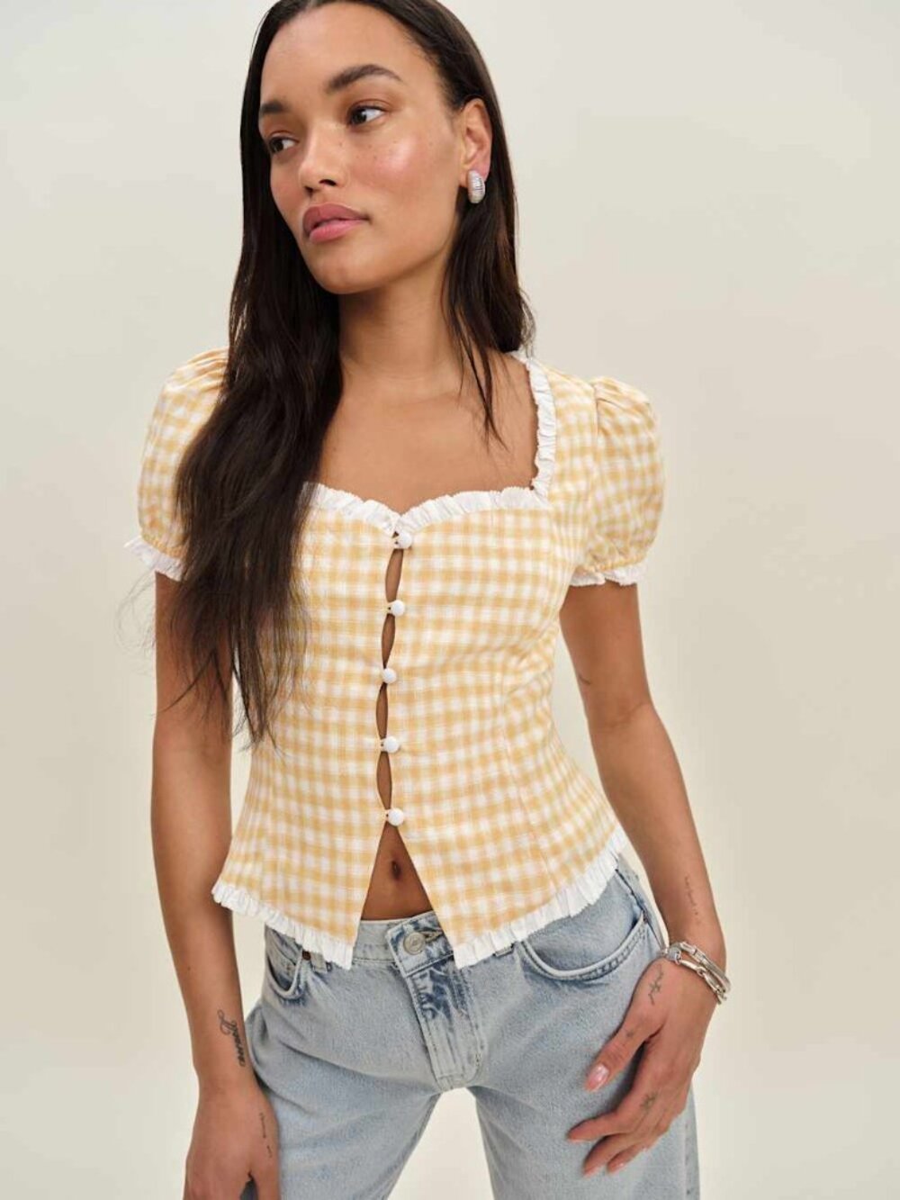 Reformation Yellow Gingham Button-Down Puff Sleeve Top